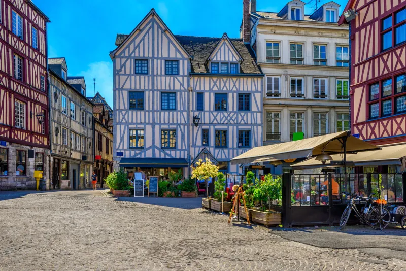 cozy street with timber framing houses in rouen, normandy, france