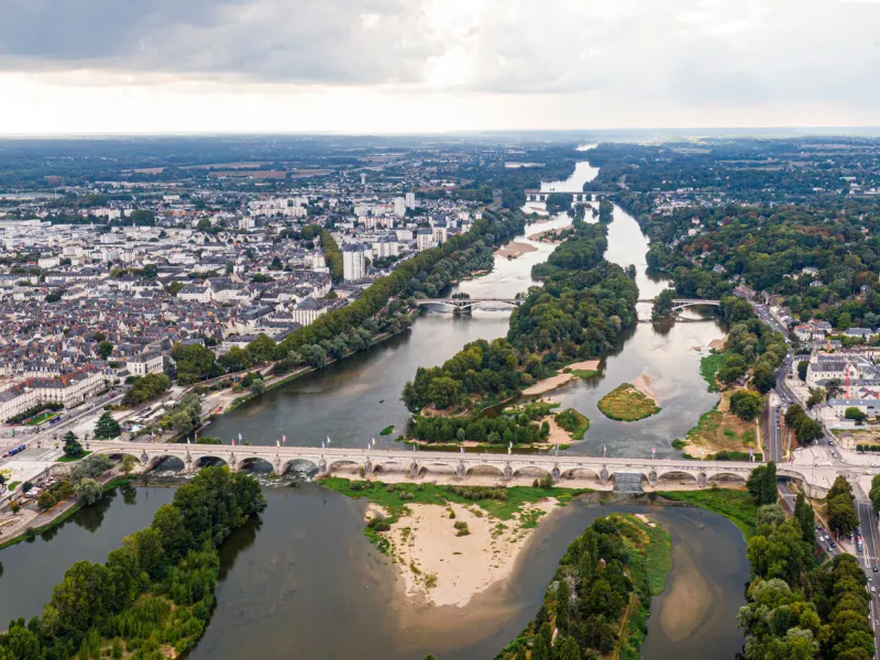 aerial view of tours, bridge napoleon, bridge wilson crossing the river loire, val-de-loire, france
