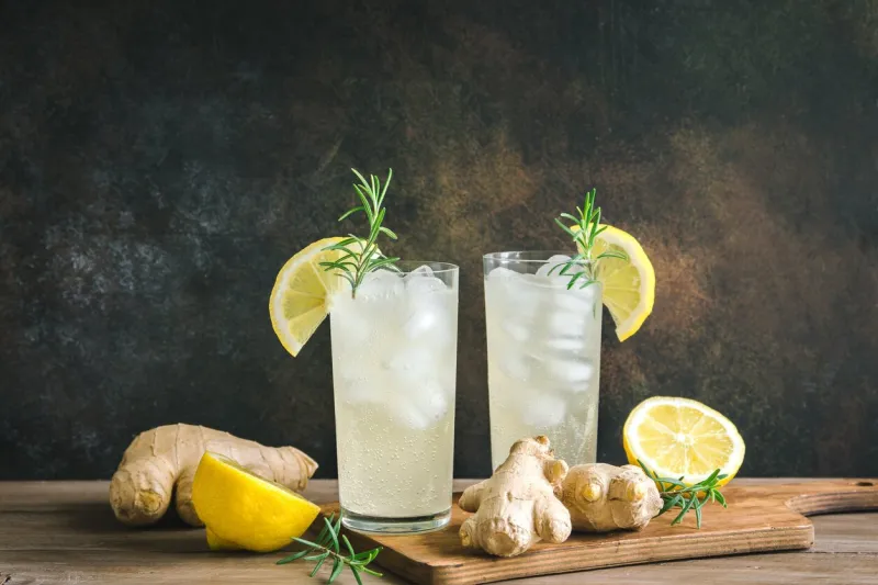ginger ale - homemade lemon and ginger organic soda drink, copy space