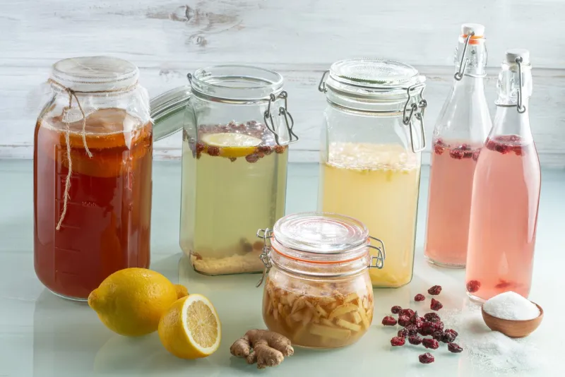 kobucha, water kefir, ginger bug and ginger ale - probiotic drinks produced by fermentation
