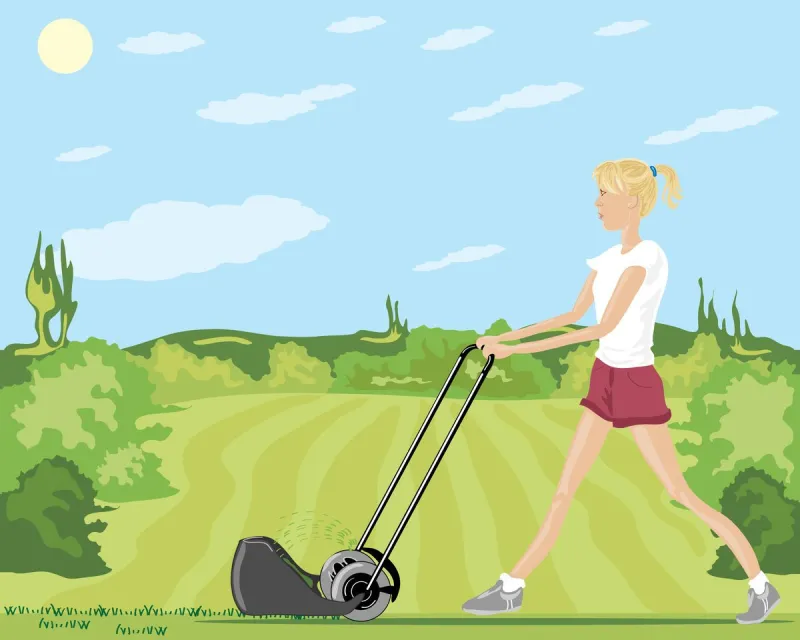 a hand drawn illustration of a woman mowing a lawn in summer with shrubs and trees under a blue sky