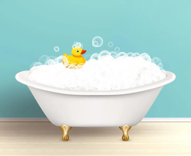 bathtub cast a shadow on bathroom poster with foam and yellow rubber duck colored illustration