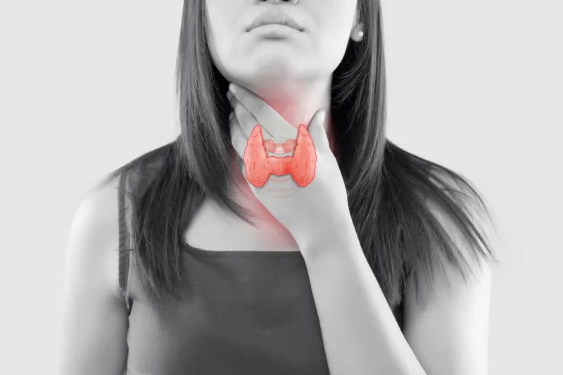 the illustration of the thyroid is on the woman throat, human thyroid gland control sore throat of a people against a gray background the concept of healthcare and medicine