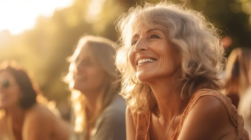 mature old women friends standing in the garden