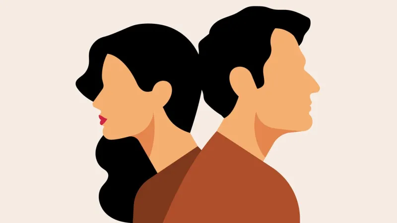 unhappy couple having conflict young caucasian man and caucasian woman turned away from each other concept of misunderstanding, problems, distrust, suspicion modern vector style