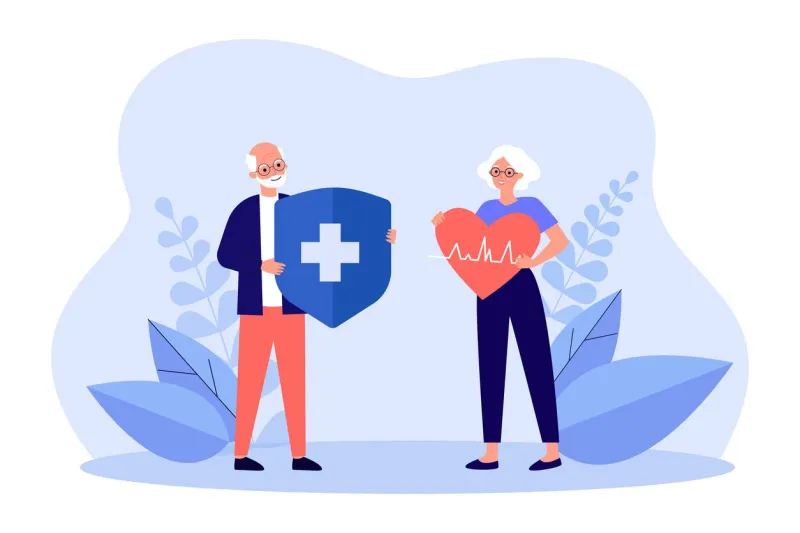 elderly couple holding protection shield and heart healthcare and insurance for tiny old man and woman flat vector illustration medicine concept for banner, website design or landing web page