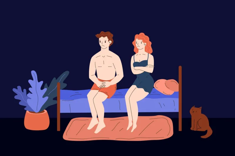 impotence and erectile dysfunction impotency sad woman and man in bed at night after bad sex prostatitis and prostate cancer soft flaccid penis is frustrating for the patient stock vector