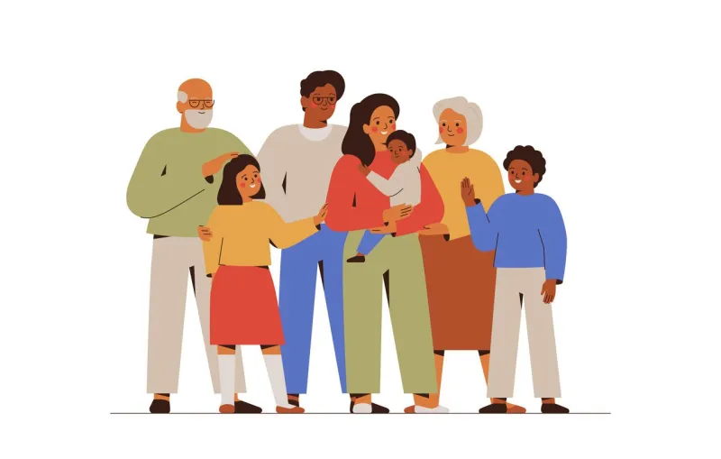 multiracial family with children, parents and grandparents three generations of white and black people stand and embrace together vector illustration