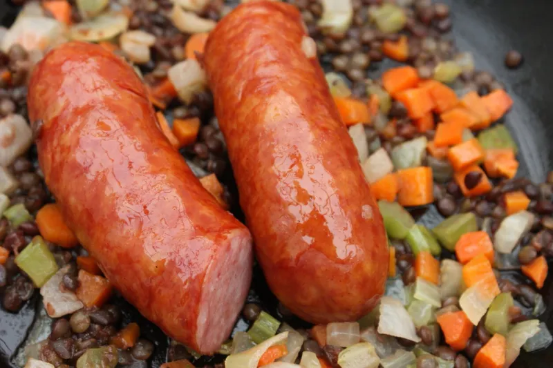 morteau sausage and green lentils cooked with vegetables