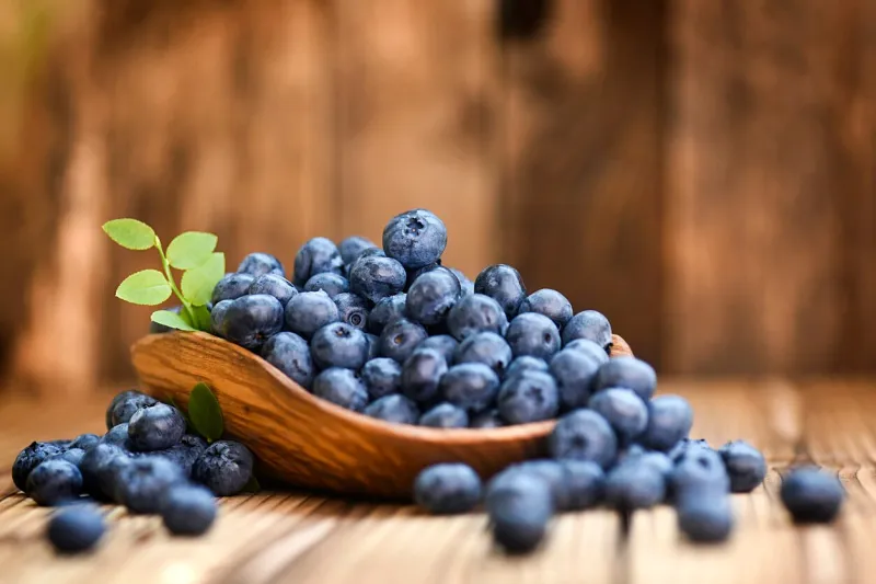 blueberries in wicker basket on old wooden table blueberry with green leaves