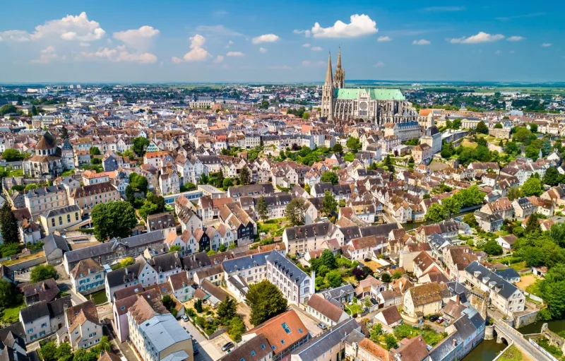 aerial view of chartres city with the cathedral of our lady a unesco world heritage site in eure-et-loir department of france