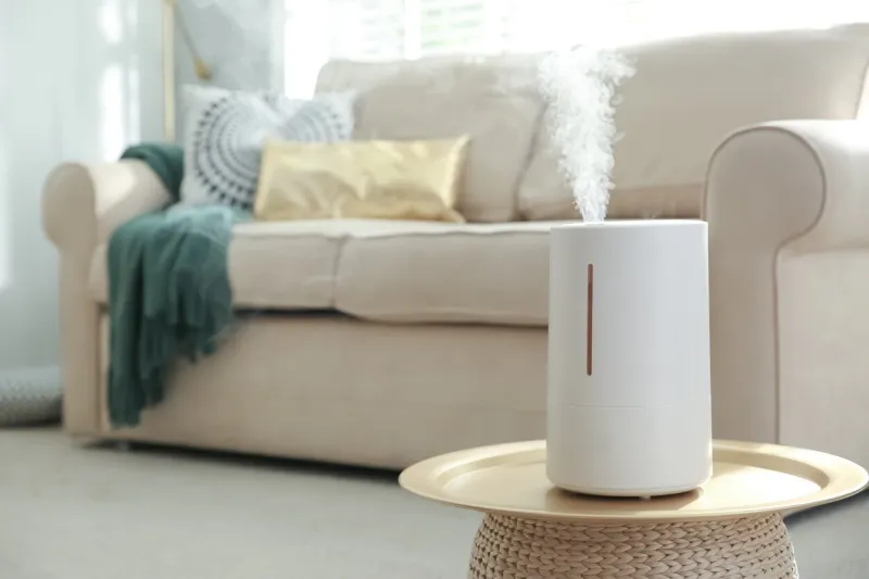 modern air humidifier on table in living room space for text