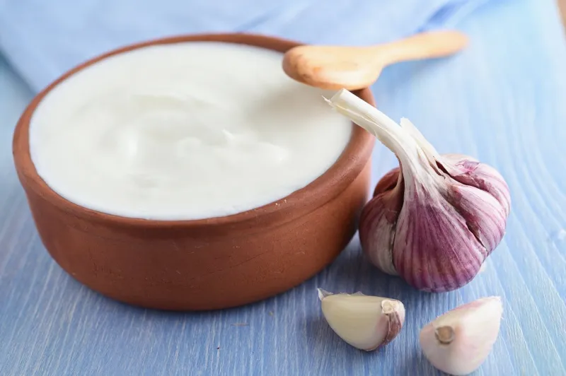 closeup view of fromage blank in a pot and garlic