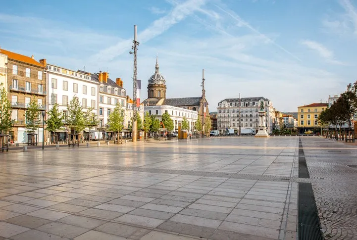 view on the jaude square during the morning light in clermont-ferrand city in central france