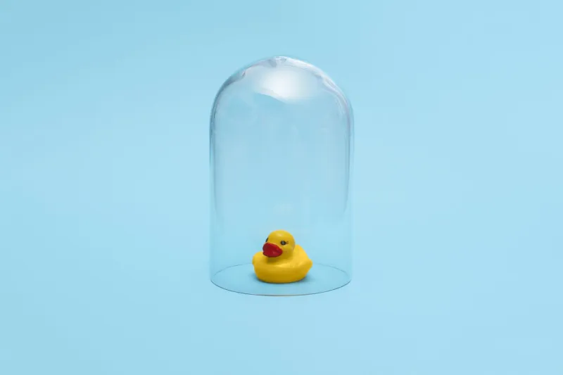 kids bath time rubber ducky in quarantine under a glass cloche dome on a blue background with copy space and room for text