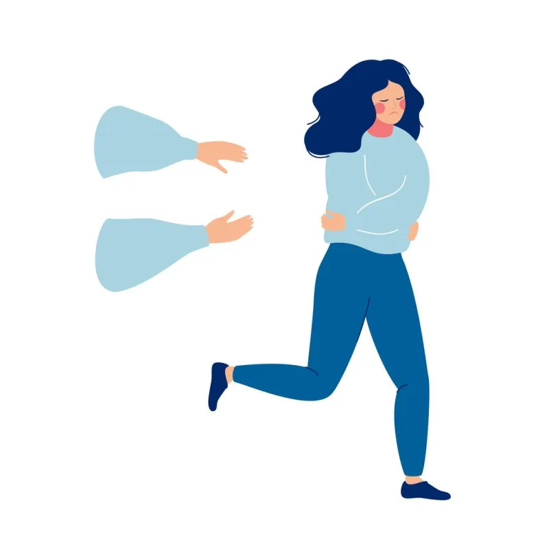 upset and depressed young woman runs away from human hands reaching for her concept of sexual abuse, assault, violence, psychological problem flat cartoon vector illustration