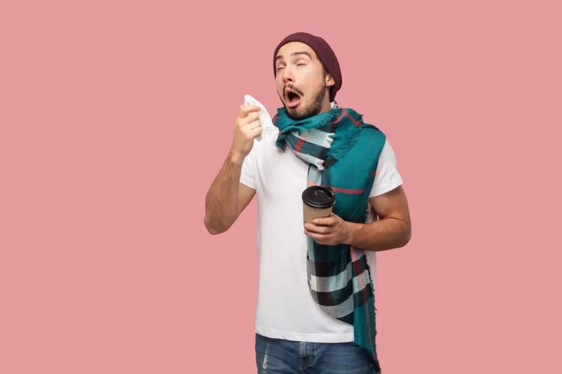 sickness modern bearded young hipster man in white shirt, hat and scarf standing, sneezes on napkin with opened mouth, holding hot tea in paper cup indoor, isolated,studio shot, pink background