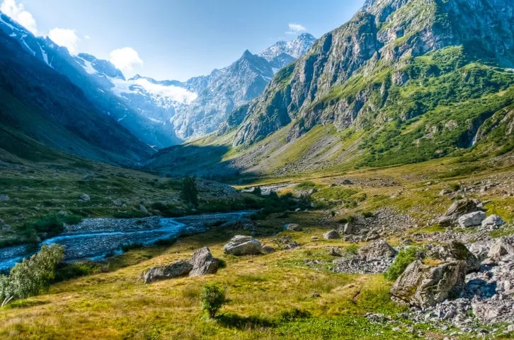 mountain valley in the mountain range in the parc national des ecrins, in the french alpes near grenoble the photo was taken with the hdr technique