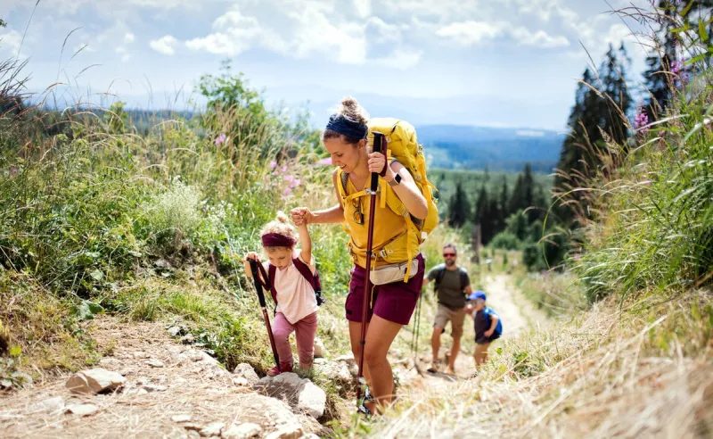 happy family with small children hiking outdoors in summer nature, walking in high tatras