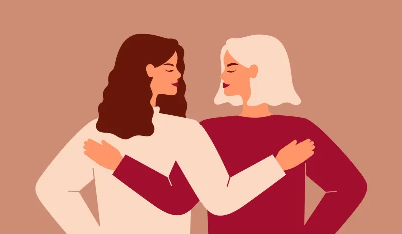 back view of two strong women supporting each other friends hug and look each other in the face the concept of friendship, care and love vector flat illustration