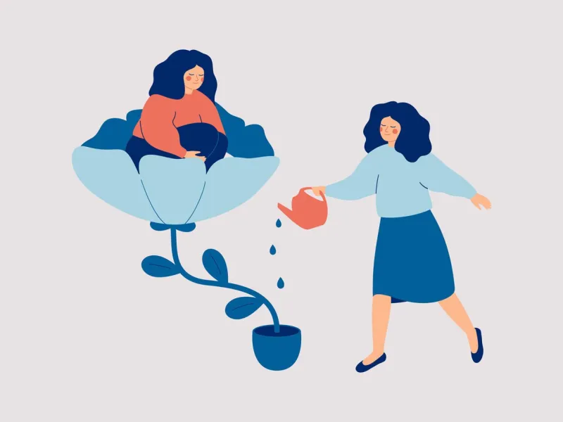 concern for others woman watering and growth flower in which happy girl sits tutor cares about the child mental health concept vector illustration