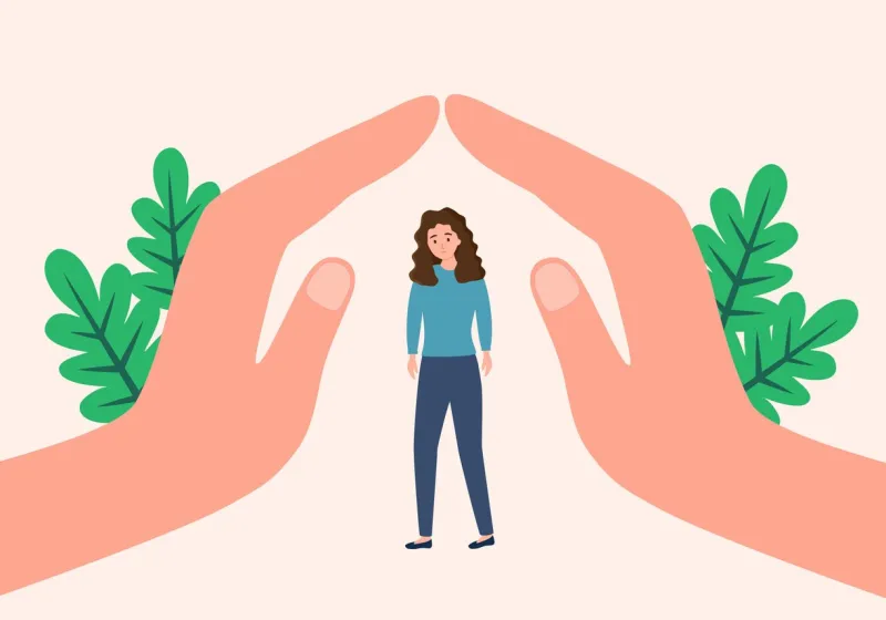 psychology support concept hands helping, caring about woman mental health social aid, emotional support vector illustration