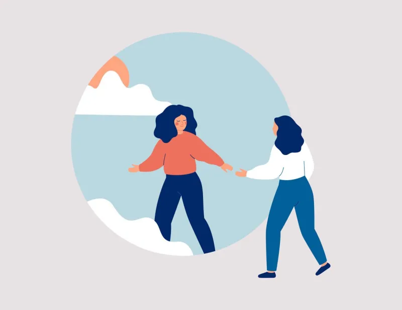 woman aids person gets rid of depression, anxiety and stress friend or caregiver supports female and helps start the new life psychological concept of life improvement vector illustration