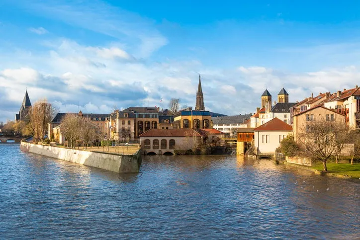view of metz city, lorraine area of france horizontal shot the moselle river flows through the ancient town of metz