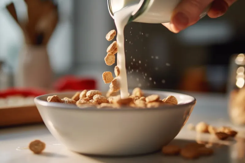 close up shot of a mother pouring milk into cereal