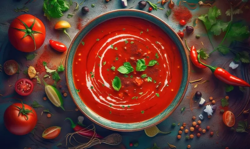 a bowl of tomato soup surrounded by tomatoes, peppers, and other vegetables generative ai