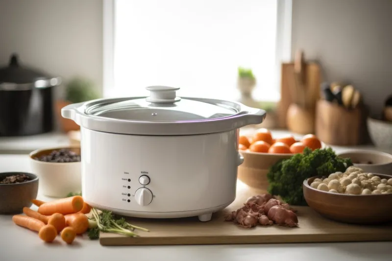 white multicooker kitchenware food setting, kitchen appliance concept, ai generative