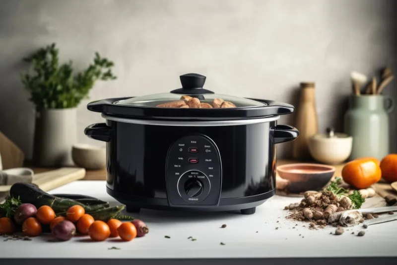 black multicooker kitchenware food setting, kitchen appliance concept, ai generative