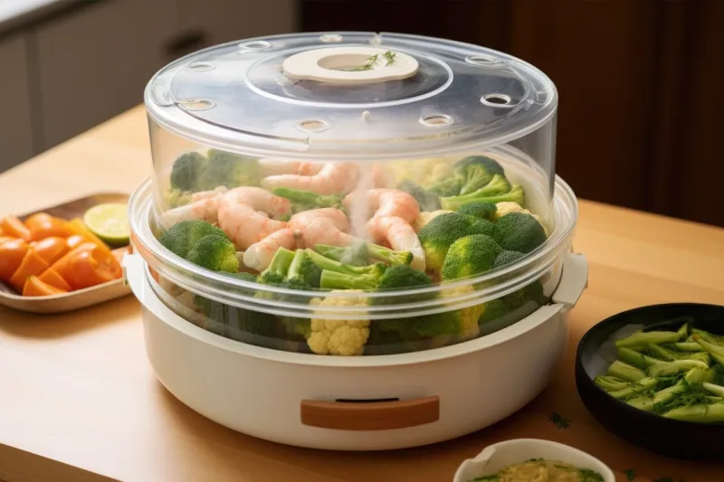 steamer with lid open, revealing freshly cooked meal, created with generative ai