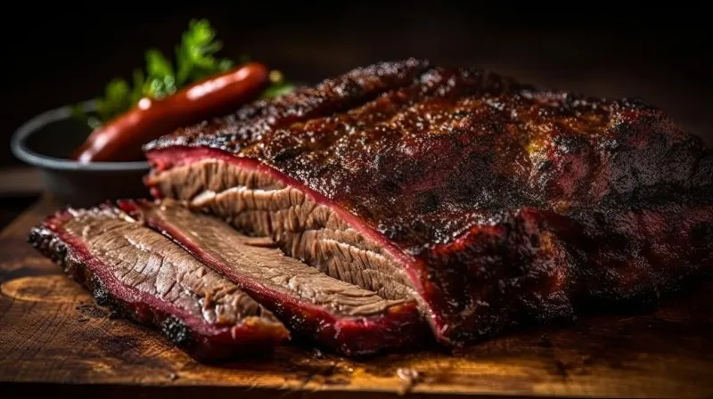 a large steaming fragrant piece of baked beef brisket on the ribs with a dark crust classic texas barbecue generative ai