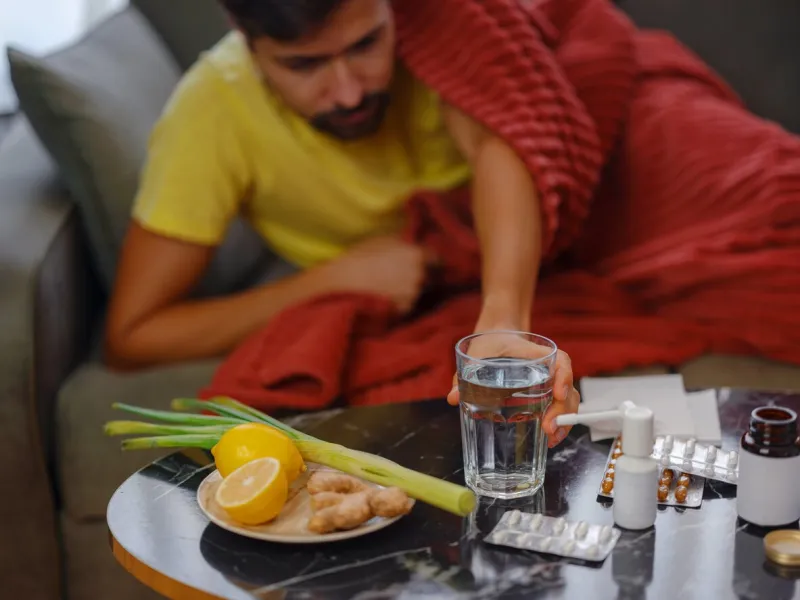 young caucasian man taking a pill with glass of water, ready to take medicines sick man need medicine from headache and cold, painkiller, nutritional supplement health care concept