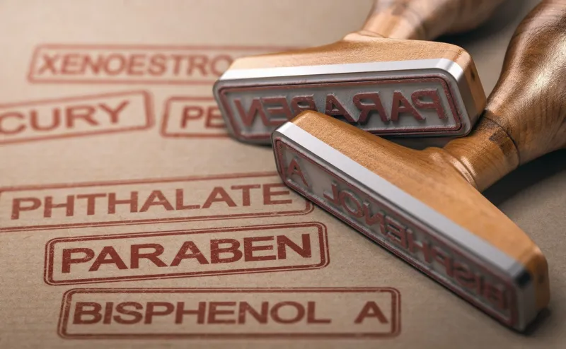 3d illustration of two rubber stamps with the words paraben, bisphenol a and phthalate printed on paper background endocrine disruptors concept