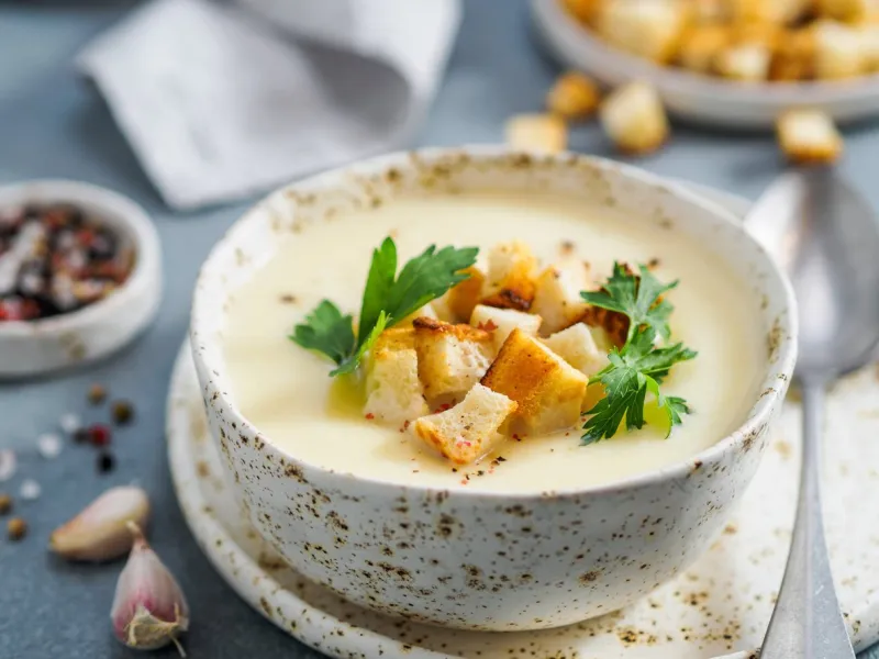 cauliflower potato soup puree on stone background,creamy cauliflower soup with toasted bread croutonsvegetarian healthy food concept ideas and recipes for winter mealshallow dofcopy space for text
