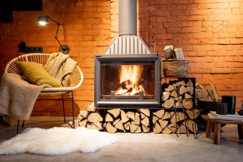 cozy fireplace with firewood in the loft style home interior with brick wall background, burning fire in the fireplace, house coziness in winter