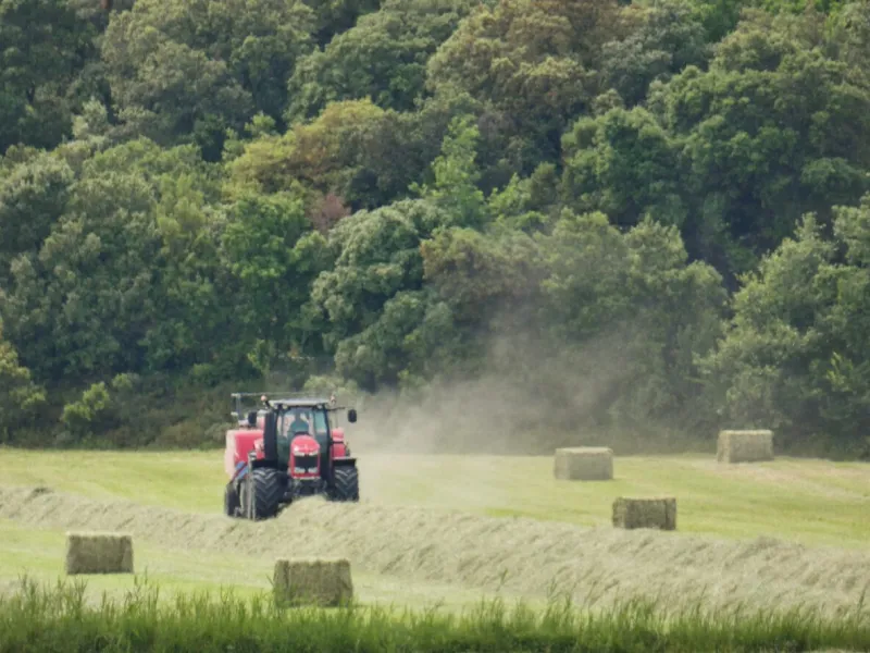 photo of a tractor picking up freshly cut herbaceous plants in a meadow to make hay bales this agricultural photograph was taken in the alpilles in provence in france