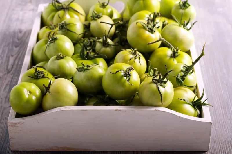 raw green tomatoes in wooden box, selective focus