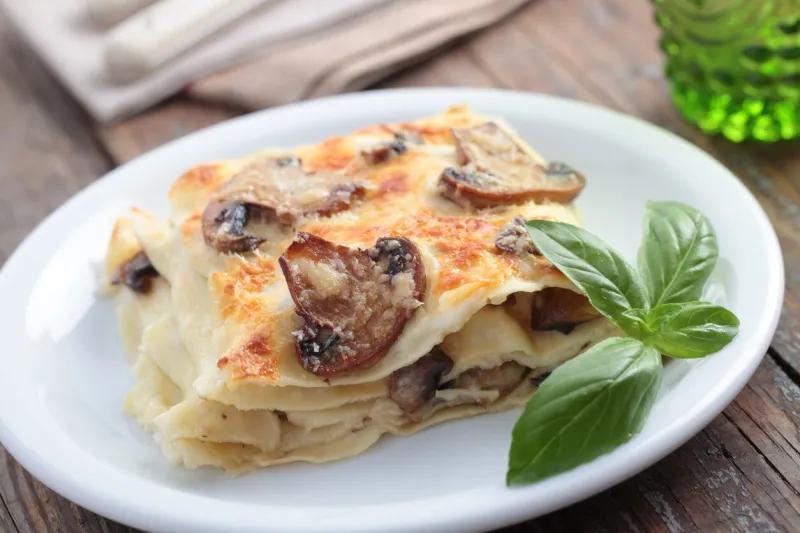 lasagna with mushrooms and basil leaf