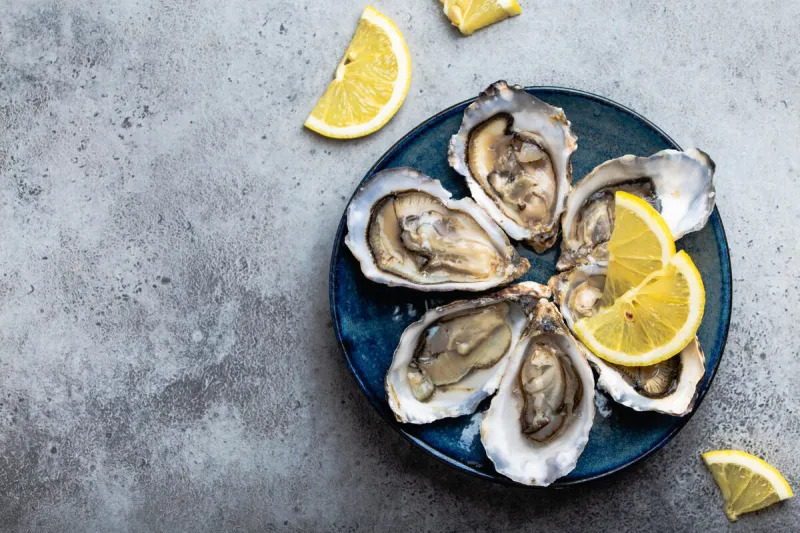 set of half dozen fresh opened oysters in shell with lemon wedges served on rustic blue plate on gray stone background, close up, top view, space for text