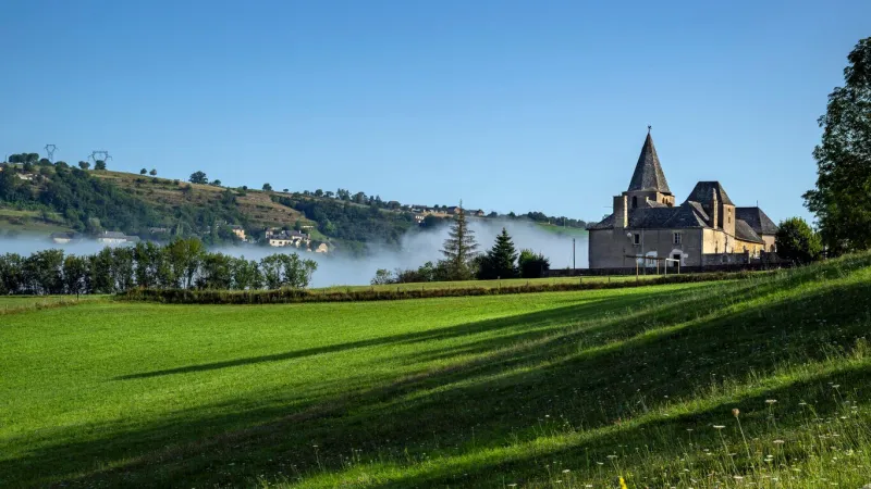 tredou, espalion, france - july 29 2024  sainte madeleine church in the hamlet of trédou on the pilgrimage route to st jacques de compostela