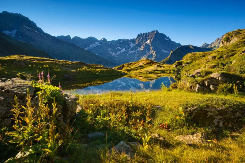 lauzon lake in the ecrins national park in summer with a view on the sirac mountain peak the lake is a well known hiking site in the southern french alps gioberney, valgaudemar, hautes-alpes, france