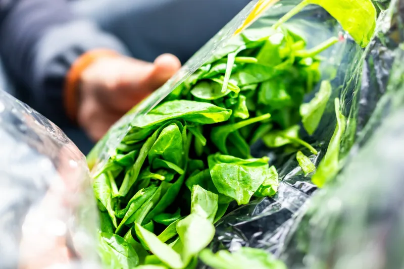 closeup of person hands holding fresh raw, plastic packaged bag of green spinach, vibrant color, healthy salad