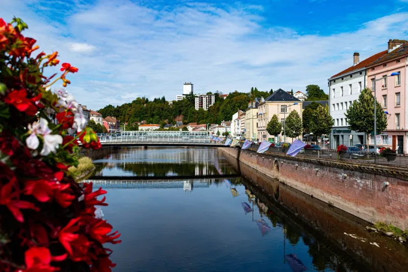 the moselle crosses the city of epinal (the flags are the emblems of the city of Épinal and the surrounding towns)