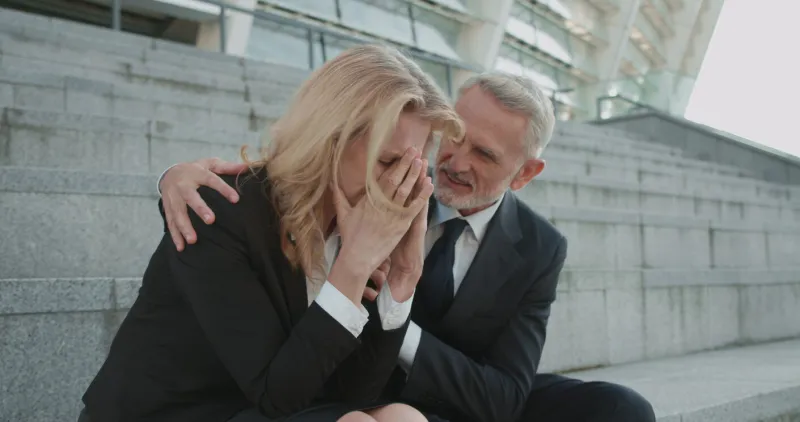 sad businesswoman crying on stairs, supportive male colleague comforting her