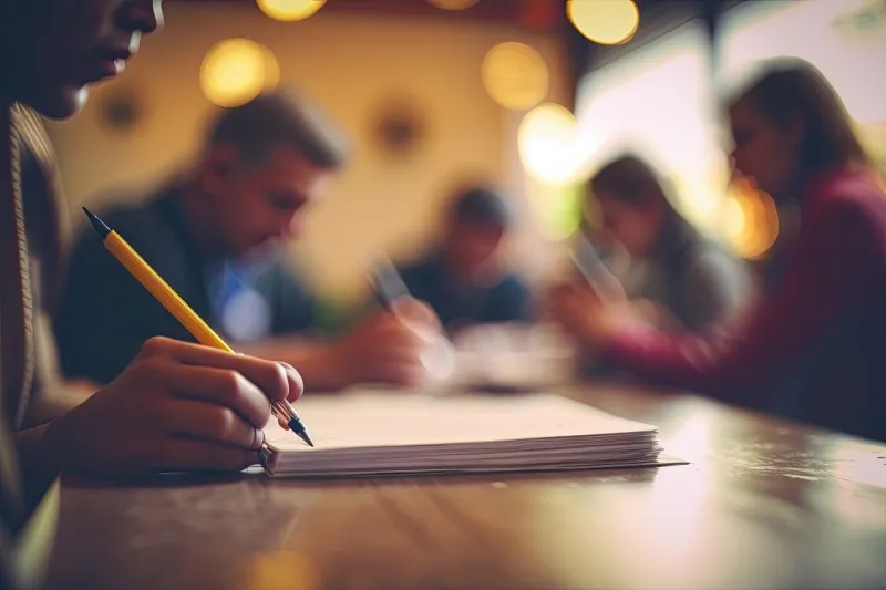 hand writing in notebook on school table generative ai