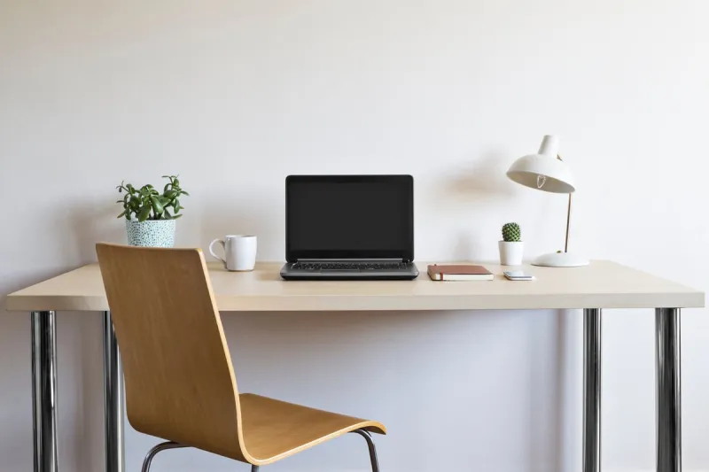 wooden desk with chair, laptop, plants, coffee mug, journal, cellphone and lamp