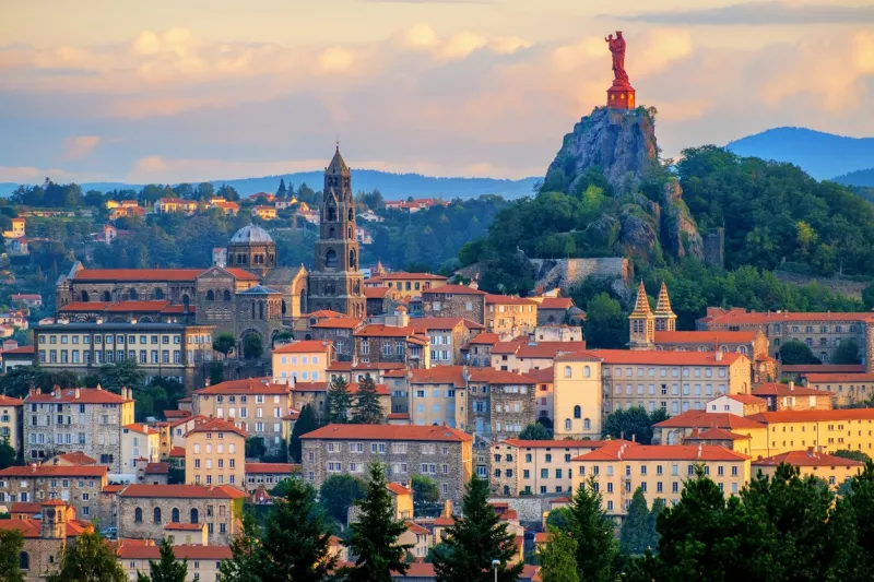 panoramic view of le puy-en-velay old town, the cathedral and notre dame de la france